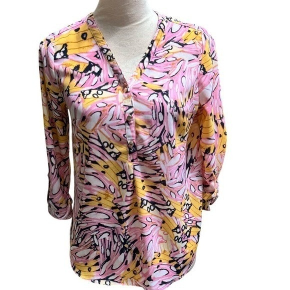 JM COLLECTION. Size PS. V-Neck‎ Buttoned-Cuff Top, Colorful top.